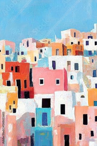 view of santorini White buildings against blue sky and sea,watercolour art, pastele colours