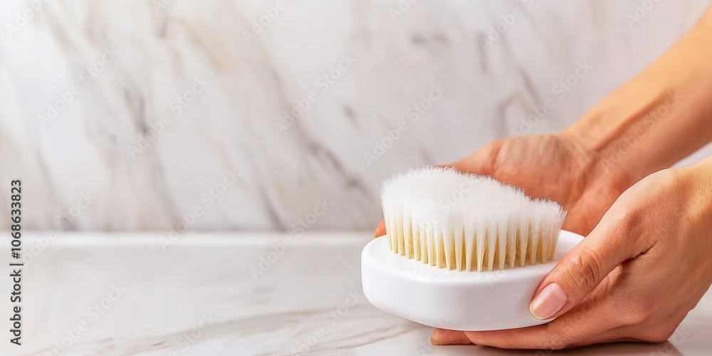 A close-up of a person holding a facial cleansing brush on a marble surface, showcasing its soft bristles and sleek design. A close-up of a person holding a facial cleansing brush on a marble surface, showcasing its soft bristles and sleek design.