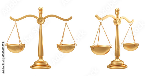 Konstfotografi Two golden balance scales are isolated on a white background, displayed from different angles