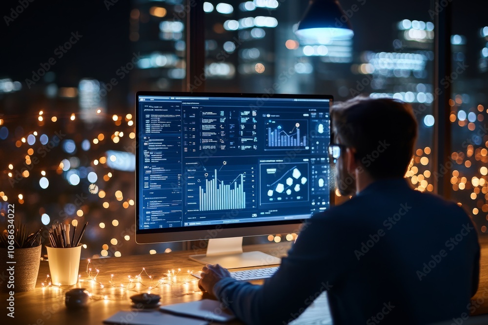 A person intensely focused on analyzing dynamic graphs and data on a large computer screen in a dimly lit room, reflecting dedication and analytical expertise. A person intensely focused on analyzing dynamic graphs and data on a large computer screen in a dimly lit room, reflecting dedication and analytical expertise.