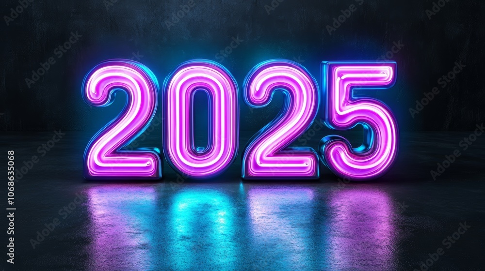 Neon lights display the year 2025 against a dark background in a modern artistic setting, banner Neon lights display the year 2025 against a dark background in a modern artistic setting, banner