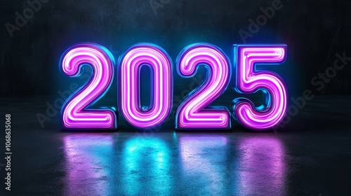 Neon lights display the year 2025 against a dark background in a modern artistic setting, banner