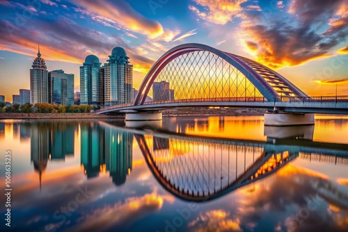 Stunning Portrait of Astana Bridge 5 at Sunset with Reflective Water, Modern Architecture, Urban Landscape, and Clear Skies – Captivating Cityscape Photography for Travel and Exploration Enthusiasts