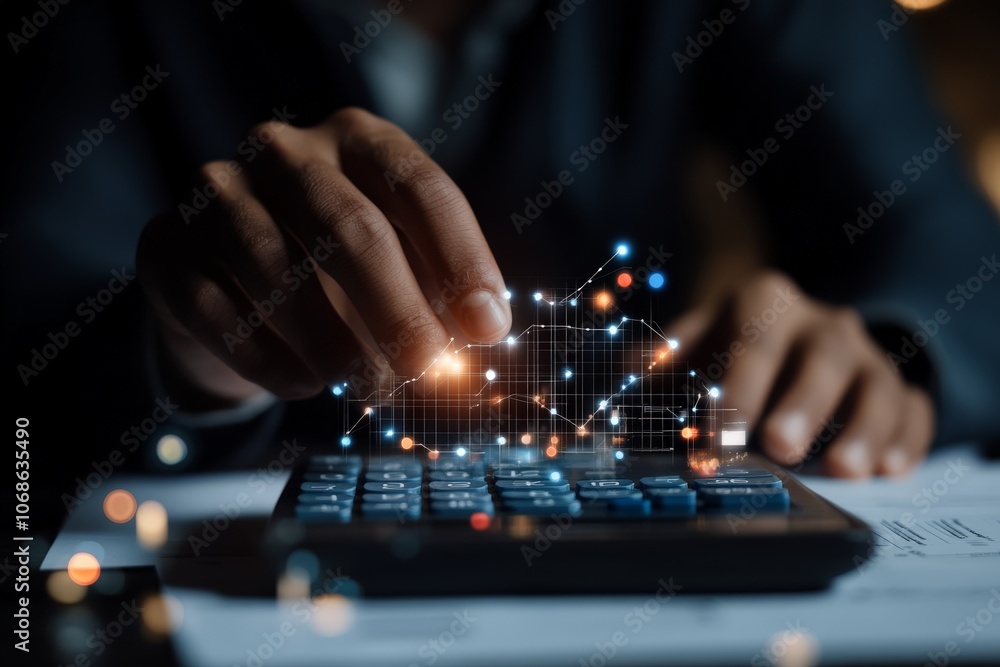 A hand manipulates a calculator with abstract digital sparks connecting, exhibiting themes of modern technology, innovation, and data calculation.