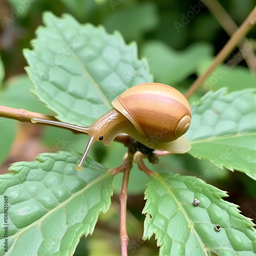 The snail parasitizes on the currant bush in the garden photo