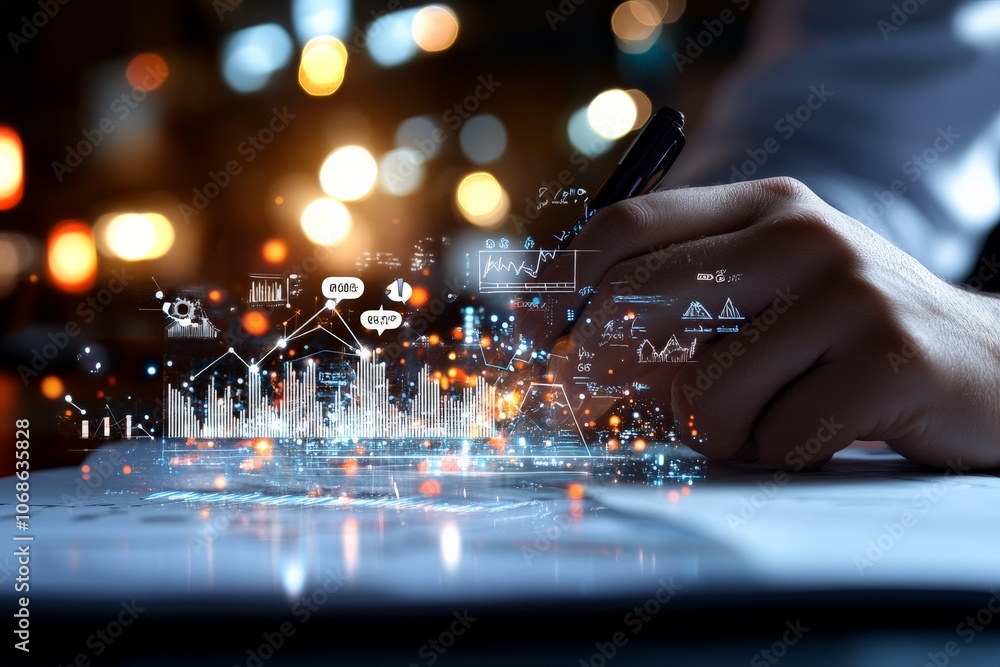 Fototapeta premium A hand writes on paper surrounded by a futuristic overlay of digital data graphics, depicting real-time analytics and information flow in a corporate setting.