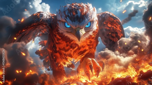 Majestic Fiery Phoenix Soaring Through Dramatic Skies with Intense Blue Eyes and Glowing Feathers Amidst Volcanic Eruption