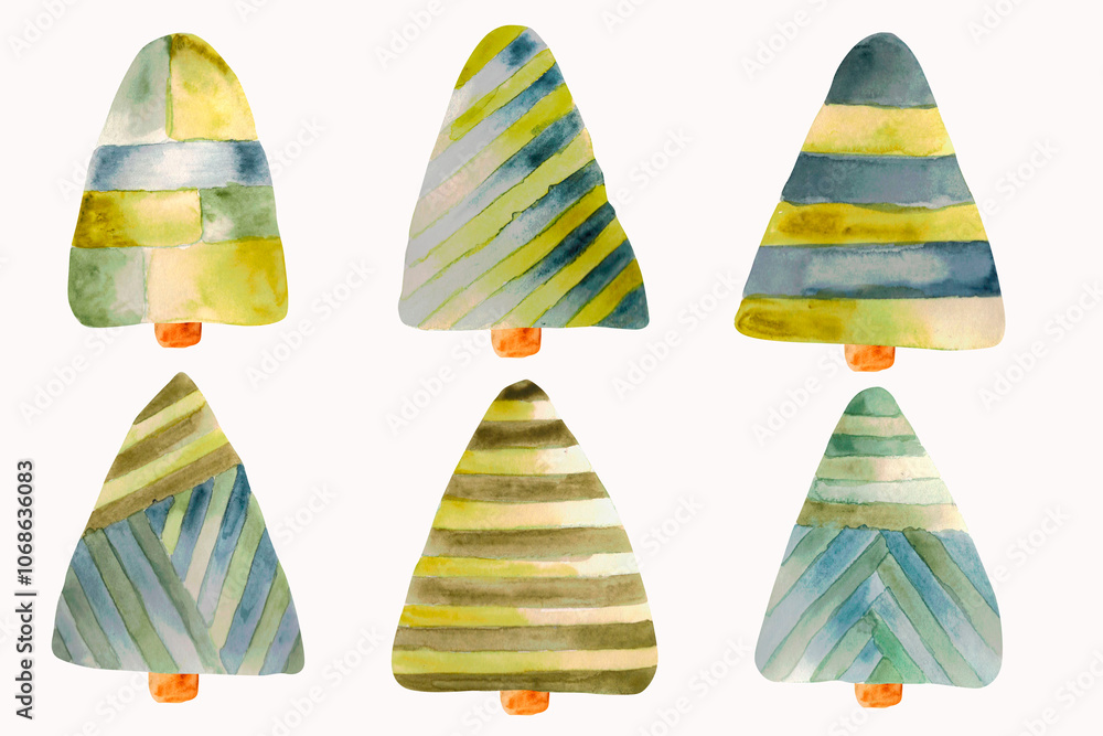 A set of green Christmas trees. Watercolor hand drawing. A set of green Christmas trees. Watercolor hand drawing.