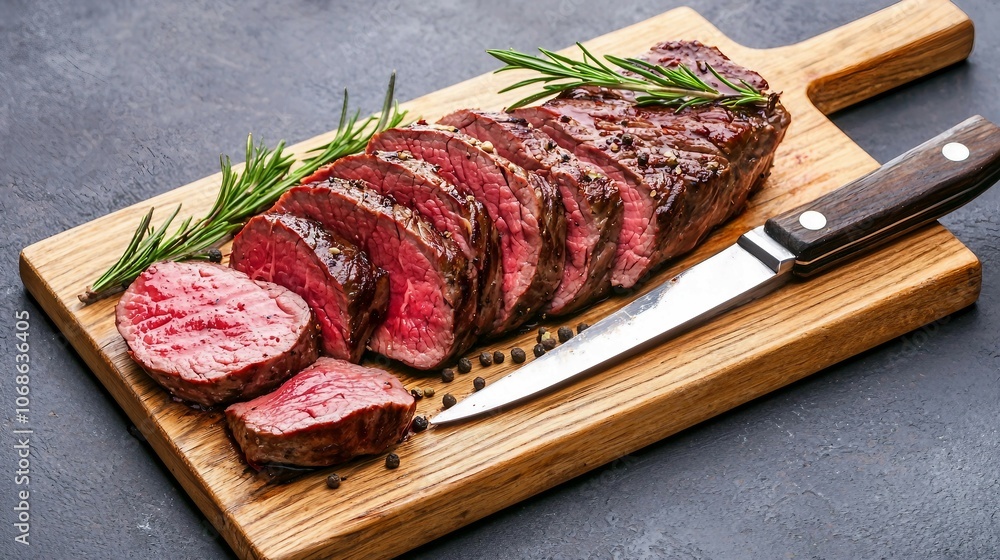 Delicious Sliced Beef on Wooden Board with Herbs Delicious Sliced Beef on Wooden Board with Herbs