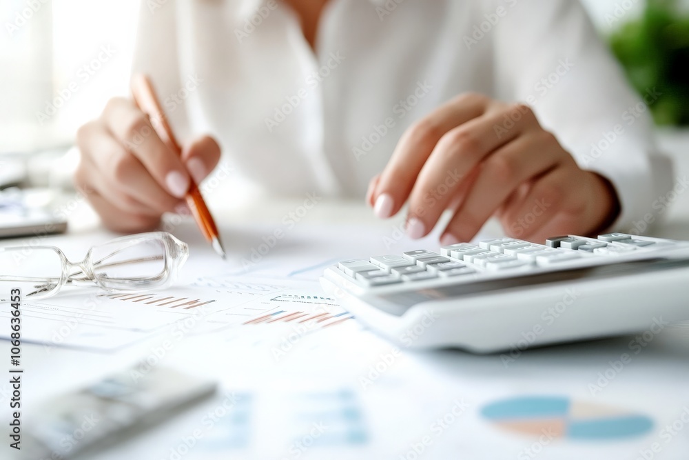Hands using a calculator amidst charts and glasses on a table, symbolizing financial analysis, budgeting, planning, and decision-making in white ambient setting. Hands using a calculator amidst charts and glasses on a table, symbolizing financial analysis, budgeting, planning, and decision-making in white ambient setting.
