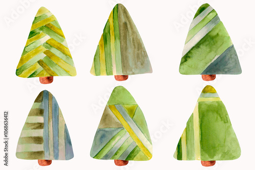 A set of green Christmas trees. Watercolor hand drawing.