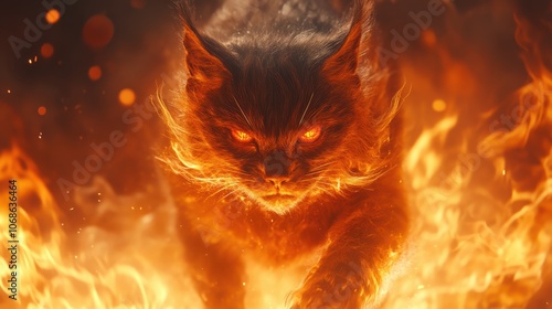 Fiery Cat with Glowing Eyes Emerging from Flames in a Dramatic and Intense Fantasy Scene