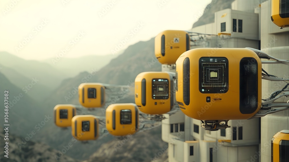 Futuristic scene showcasing advanced robotic cargo handling drones with sleek exoskeletal frames luminescent interface details and textures