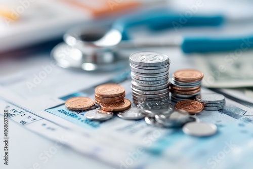 A detailed shot of coins stacked on top of each other with medical bills and stethoscope in the background, symbolizing the cost of healthcare and economic aspects.