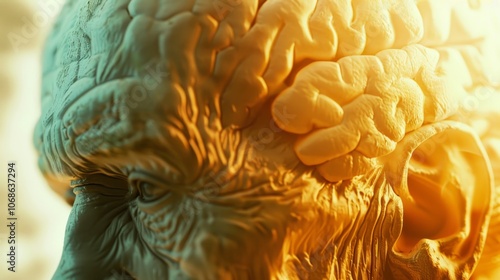 Close-up of a human brain model displaying visible signs of aging with wrinkles and texture changes, ideal for educational and medical presentations, with ample white background copy space for text