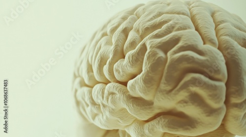 Close-up of a human brain model displaying visible signs of aging with wrinkles and texture changes, ideal for educational and medical presentations, with ample white background copy space for text