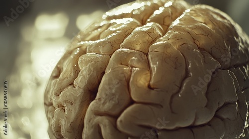Close-up of a human brain model displaying visible signs of aging with wrinkles and texture changes, ideal for educational and medical presentations, with ample white background copy space for text