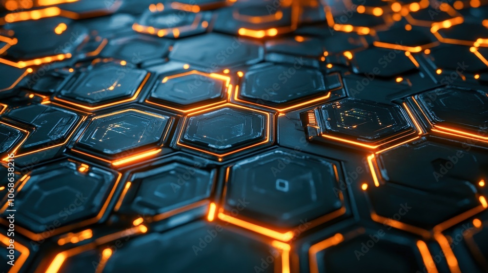 Organic Hexagonal Pattern with Warm Glowing Tiles on Dark Background Organic Hexagonal Pattern with Warm Glowing Tiles on Dark Background