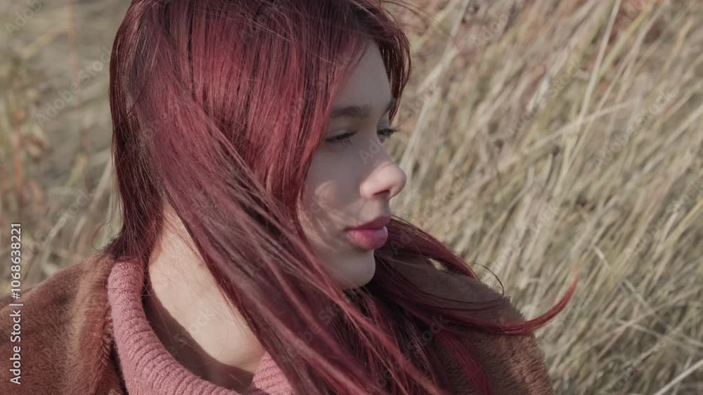 Teen girl in a side profile with red hair blowing in the wind, looking away with a thoughtful expression, dressed warmly in autumn. Teen girl in a side profile with red hair blowing in the wind, looking away with a thoughtful expression, dressed warmly in autumn.