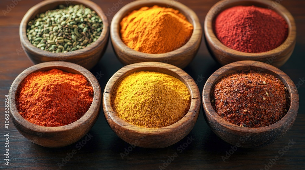 Spice Collection on Wooden Tabletop Displayed in a Row. Spice Collection on Wooden Tabletop Displayed in a Row.