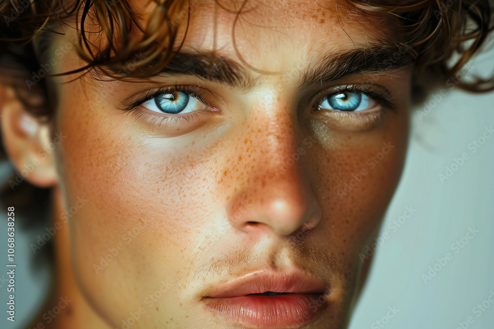 Close-up Portrait of a Young Man with Striking Blue Eyes, Freckled Skin, and Tousled Brown Hair, Highlighting Natural Beauty and Intense Expression Close-up Portrait of a Young Man with Striking Blue Eyes, Freckled Skin, and Tousled Brown Hair, Highlighting Natural Beauty and Intense Expression