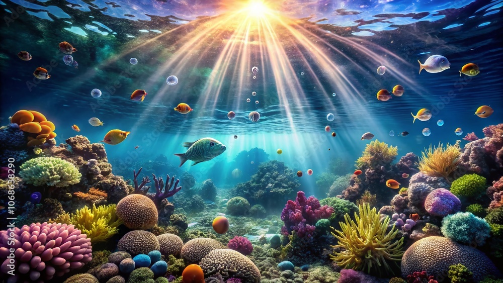 Obraz premium Stunning Underwater Scene of Air Bubbles with Tropical Light Rays, Capturing the Beauty of Sea Life and Marine Environment in Fashion Photography
