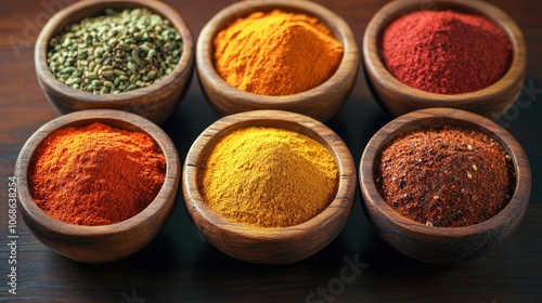 Spice Collection on Wooden Tabletop Displayed in a Row.