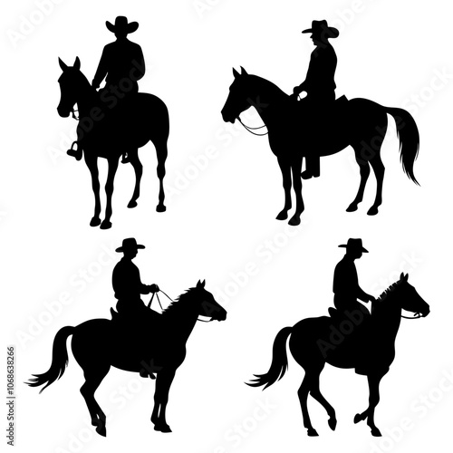 Collection of silhouettes depicting cowboys riding bucking horses for sports activities. Riders on male horses are illustrated in outline and icon form.