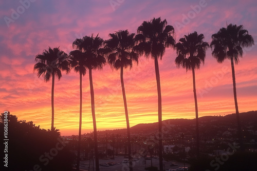 Vibrant Tropical Sunset with Silhouetted Palm Trees
