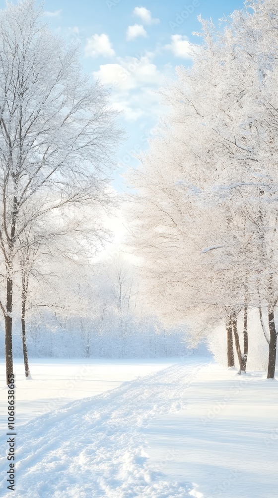 A snowy path lined with frosty trees under a clear blue sky, capturing the essence of winter beauty A snowy path lined with frosty trees under a clear blue sky, capturing the essence of winter beauty