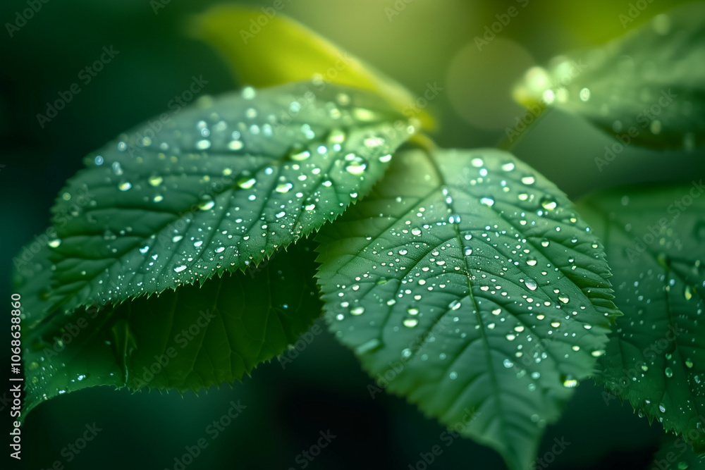 Close-up of fresh green leaves with droplets of water shimmering in soft sunlight, embodying the tranquil essence of nature's beauty Close-up of fresh green leaves with droplets of water shimmering in soft sunlight, embodying the tranquil essence of nature's beauty