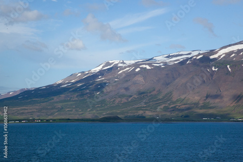 Iceland's mountains with snow at the ocean