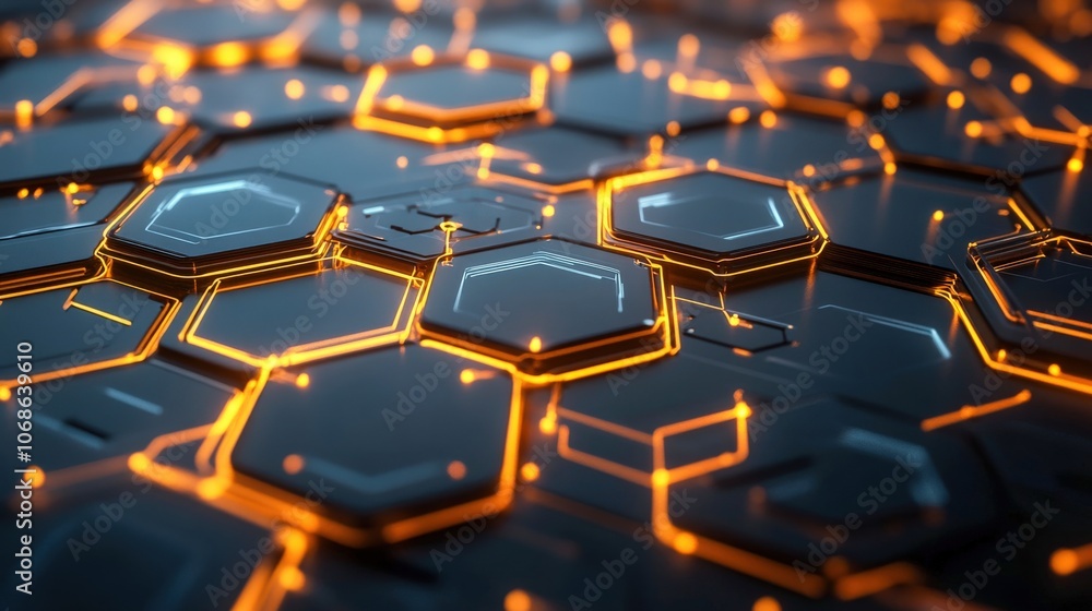 Obraz premium Futuristic Crystal Structure with Hexagonal Patterns in Vibrant Golds and Oranges