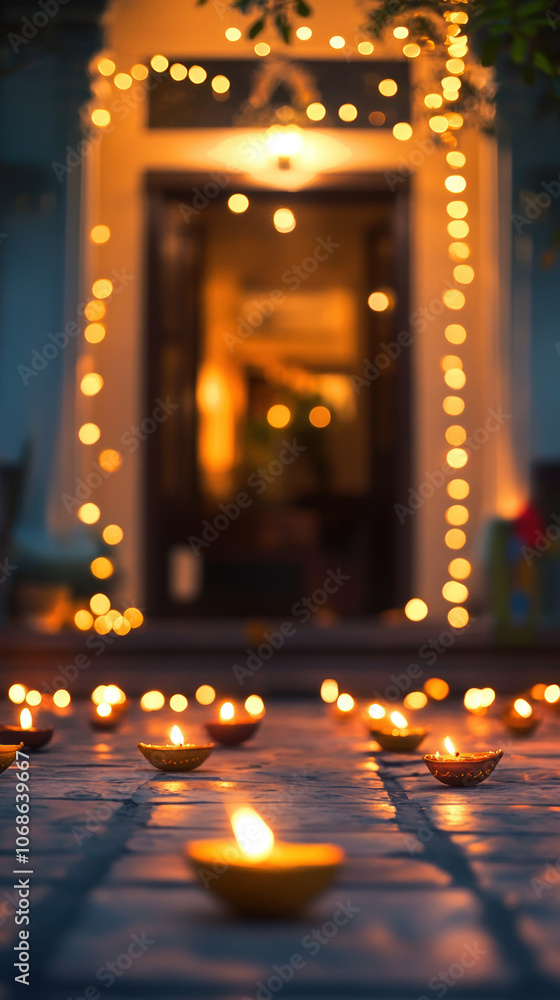 Obraz premium Contemporary living room décor featuring holiday lights, ideal for festive themes, with soft bokeh effects and highlights from garlands.