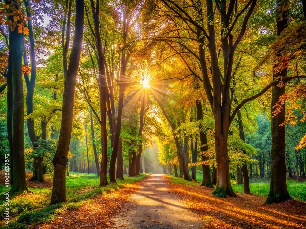 Summer and Autumn Harmony in a Sunlit Forest Park - Vibrant Green Nature, High Depth of Field, Serene Landscapes, Scenic Views, Beautiful Light, Tranquil Outdoor Spaces Summer and Autumn Harmony in a Sunlit Forest Park - Vibrant Green Nature, High Depth of Field, Serene Landscapes, Scenic Views, Beautiful Light, Tranquil Outdoor Spaces