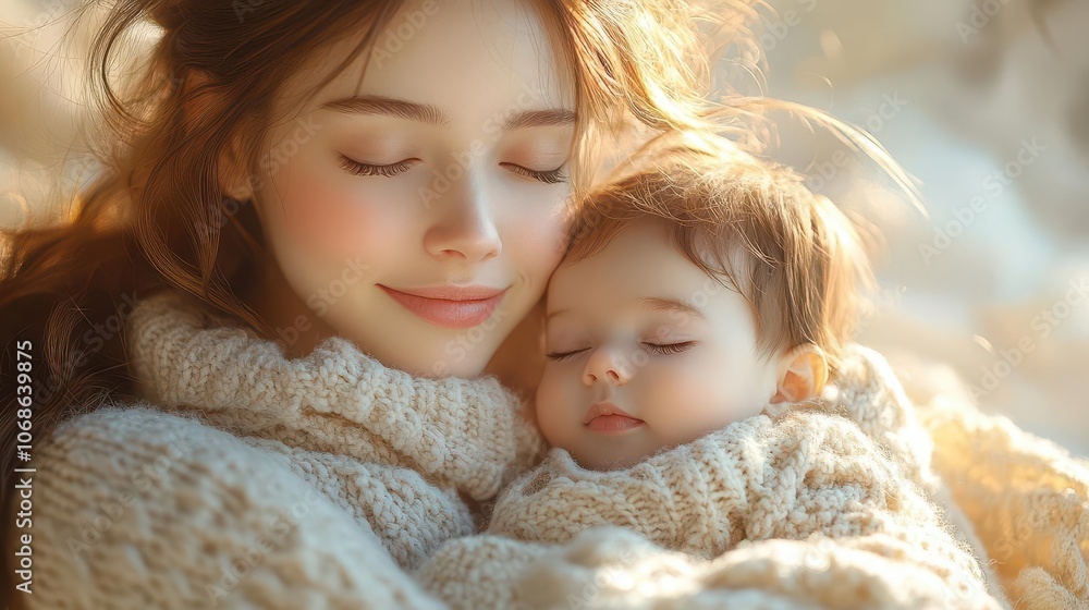 mother cradling her smiling baby in a cozy sweater, radiating warmth and tenderness. the soft glow of light enhances the loving atmosphere of the scene mother cradling her smiling baby in a cozy sweater, radiating warmth and tenderness. the soft glow of light enhances the loving atmosphere of the scene