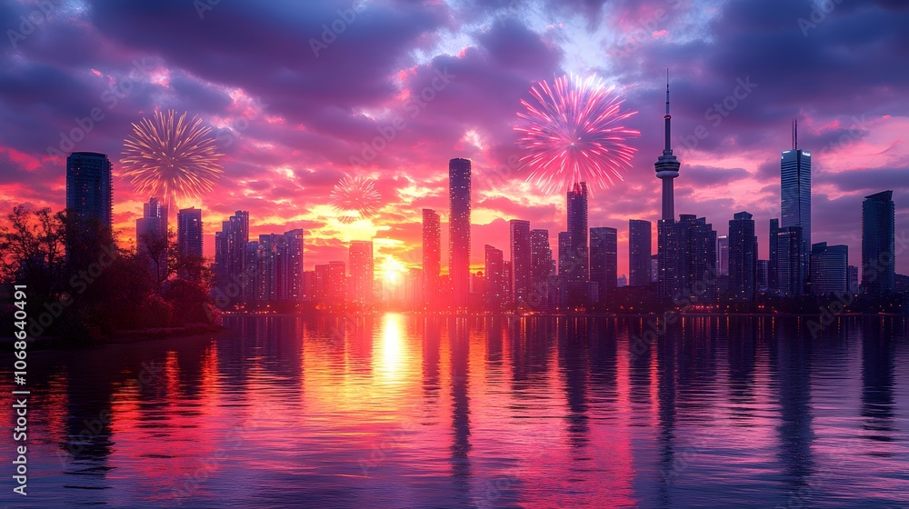 Obraz premium City skyline with tall buildings and colorful fireworks lighting up the night sky, New Year celebration, watercolor style