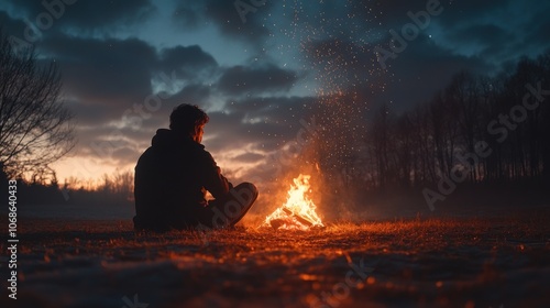 A Silhouette of a Man Sitting by a Campfire in a Forest at Night