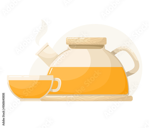 Teapot glass with sea buckthorn tea or mango, glass mug. Drink image in flat style.