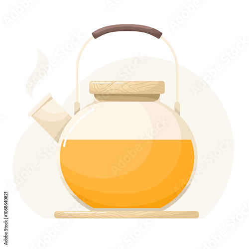 Teapot glass with sea buckthorn tea or mango, glass mug. Drink image in flat style.
