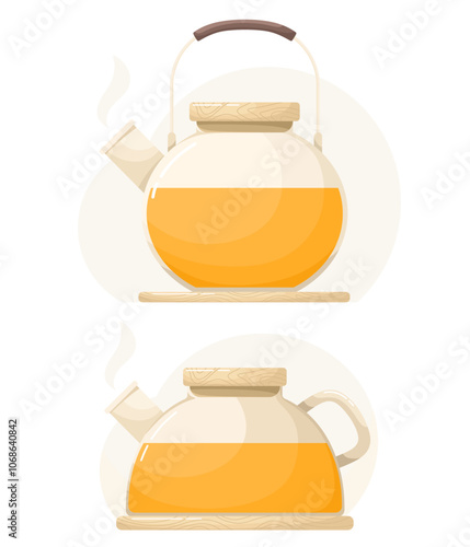 Glass teapots with sea buckthorn or mango tea, glass mug. Drink image in flat style.