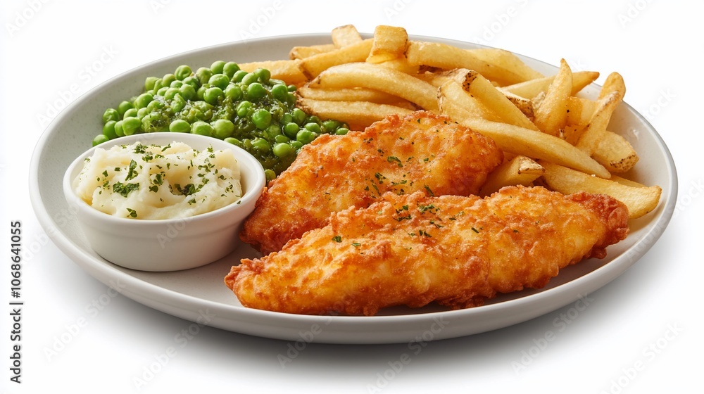 A plate of crispy fried fish fillets, mashed potatoes, peas and french fries. A plate of crispy fried fish fillets, mashed potatoes, peas and french fries.