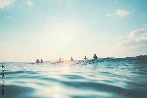 Surfers waiting for waves at golden hour