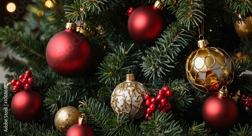 New Close-up of decorated Christmas tree and Star with golden and red ornaments and glowing lights.