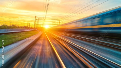 Serenity at Sunset: Stunning Landscape of Moving Train Station with Vibrant Sky and Blurred Tracks, Low Angle View