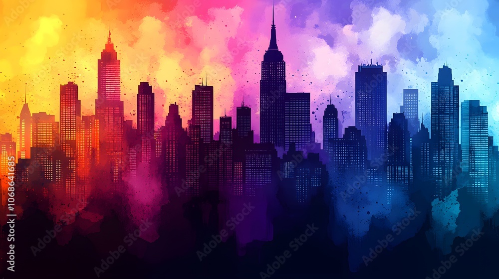 City skyline with bright fireworks display, night New Year celebration, watercolor-inspired art City skyline with bright fireworks display, night New Year celebration, watercolor-inspired art