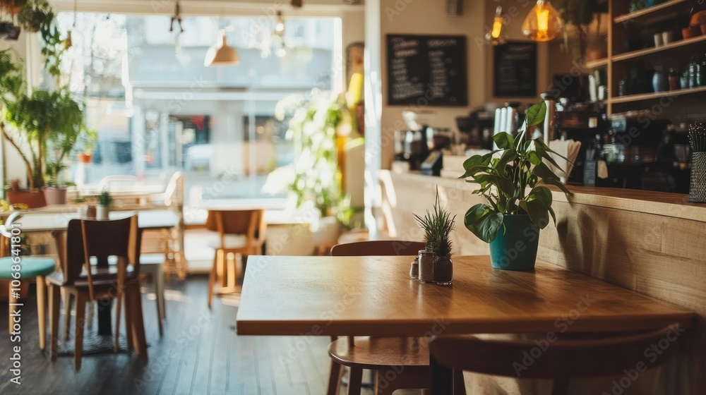 A bright and airy cafe with wooden tables and chairs, potted plants, and a large window overlooking a street. A bright and airy cafe with wooden tables and chairs, potted plants, and a large window overlooking a street.