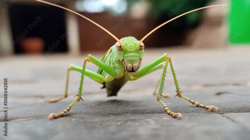 Close-up of a green grasshopper with long antennae on a textured surface, captured in a natural outdoor setting Close-up of a green grasshopper with long antennae on a textured surface, captured in a natural outdoor setting