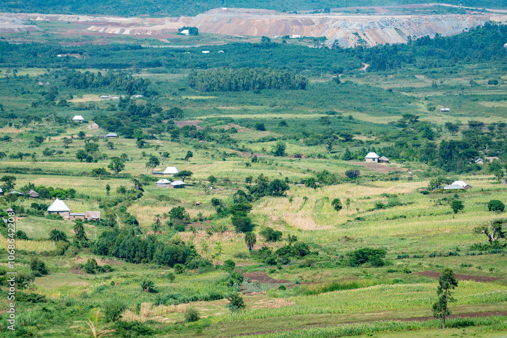 A group of thatched African huts in a field with mountains behind, Tanzania A group of thatched African huts in a field with mountains behind, Tanzania