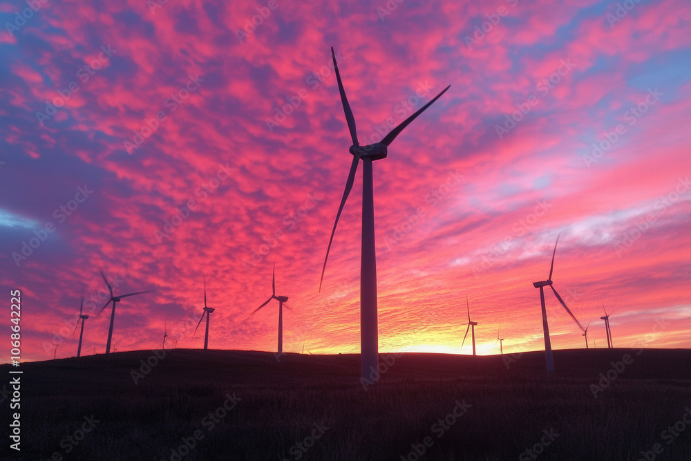 Wind Turbines Silhouetted Against a Vibrant Sunset Sky Wind Turbines Silhouetted Against a Vibrant Sunset Sky